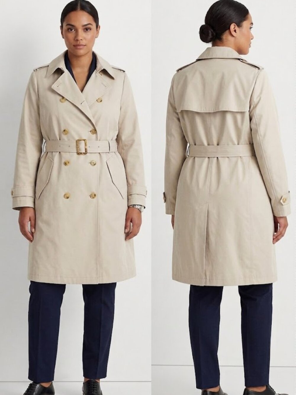 Lauren Ralph Lauren Womens Beige Double Breasted Belted Trench Coat Jacket, L